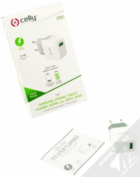 Celly TCUSBTURBO Turbo nabíječka do sítě s 1x USB výstupem a 2,4A proudem bílá (white) balení