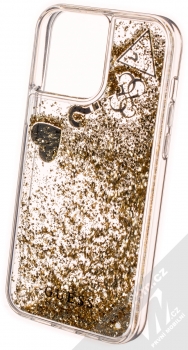 Guess Liquid Glitter Question of Heart ochranný kryt s přesýpacím efektem třpytek pro Apple iPhone 13 Pro Max (GUHCP13XGLHFLGO) zlatá (gold) zezadu