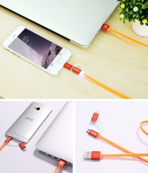 Remax Aurora plochý USB kabel s Apple Lightning konektorem a microUSB konektorem pro mobilní telefon, mobil, smartphone, tablet oranžová (orange) použití 2