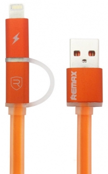 Remax Aurora plochý USB kabel s Apple Lightning konektorem a microUSB konektorem pro mobilní telefon, mobil, smartphone, tablet oranžová (orange) detail