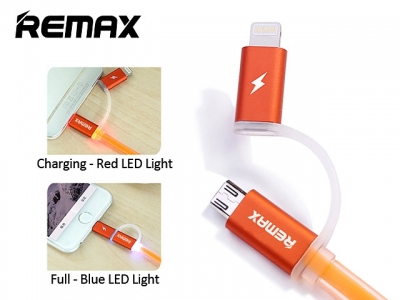 Remax Aurora plochý USB kabel s Apple Lightning konektorem a microUSB konektorem pro mobilní telefon, mobil, smartphone, tablet oranžová (orange) LED svícení