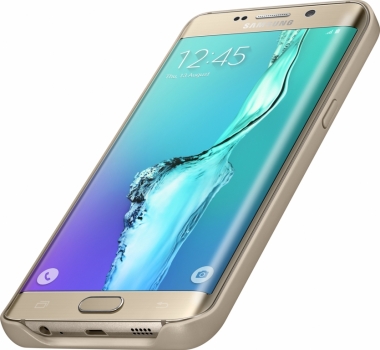 Samsung EP-TG928BF ochranný kryt se záložní baterií 3400mAh a bezdrátovým Qi nabíjením telefonu Samsung Galaxy S6 Edge+ Plus zlatá (gold) s telefonem zepředu