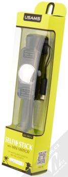 USAMS Selfie Stick with Mini Mirror selfie tyčka se zrcadlem a tlačítkem spouště přes Apple Lightning konektor černá (black) krabička