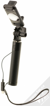 USAMS Selfie Stick with Mini Mirror selfie tyčka se zrcadlem a tlačítkem spouště přes Apple Lightning konektor černá (black) zezadu