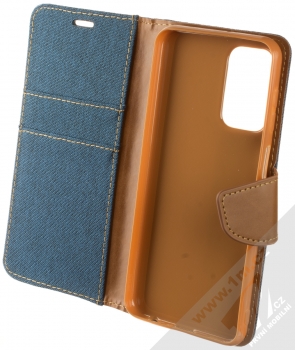 1Mcz Canvas Book flipové pouzdro pro Samsung Galaxy A23, Galaxy A23 5G tmavě modrá hnědá (dark blue camel) otevřené