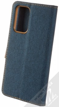 1Mcz Canvas Book flipové pouzdro pro Samsung Galaxy A23, Galaxy A23 5G tmavě modrá hnědá (dark blue camel) zezadu