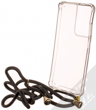 1Mcz Strap Gold Anti-Shock odolný ochranný kryt se šňůrkou na krk pro Samsung Galaxy S21 Ultra průhledná černá (transparent black) zepředu