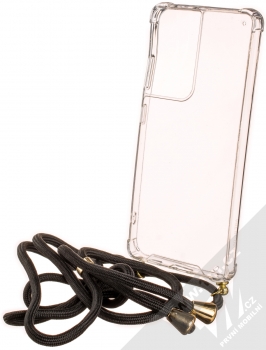 1Mcz Strap Gold Anti-Shock odolný ochranný kryt se šňůrkou na krk pro Samsung Galaxy S21 Ultra průhledná černá (transparent black)