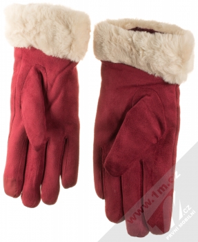 1Mcz Suede Gloves semišové rukavice s kožešinkou pro kapacitní dotykový displej tmavě červená světle růžová (dark red light pink) samostatně zezadu