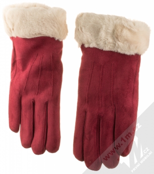 1Mcz Suede Gloves semišové rukavice s kožešinkou pro kapacitní dotykový displej tmavě červená světle růžová (dark red light pink) samostatně