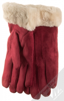 1Mcz Suede Gloves semišové rukavice s kožešinkou pro kapacitní dotykový displej tmavě červená světle růžová (dark red light pink) zezadu