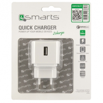 4smarts Rapid Quick nabíječka do sítě s USB výstupem a technologií Qualcomm Quick Chrage 2.0 pro mobilní telefon, mobil, smartphone bílá (qhite) - balení
