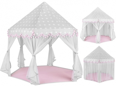 1Mcz Dětský stan ve tvaru zámku, paláce šedá růžová (grey pink)