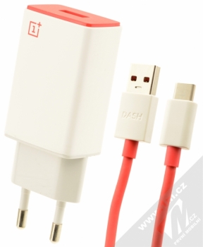 OnePlus AY0520 originální nabíječka do sítě s USB výstupem a originální USB kabel s USB Type-C konektorem bílá červená (white red)