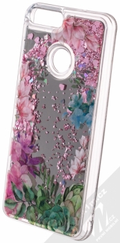 Sligo Liquid Mirror Flower 2 zrcadlový ochranný kryt s přesýpacím efektem třpytek a s motivem pro Huawei P Smart růžová (pink) animace 2