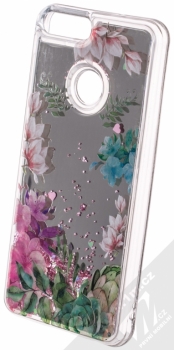 Sligo Liquid Mirror Flower 2 zrcadlový ochranný kryt s přesýpacím efektem třpytek a s motivem pro Huawei P Smart růžová (pink) animace 3