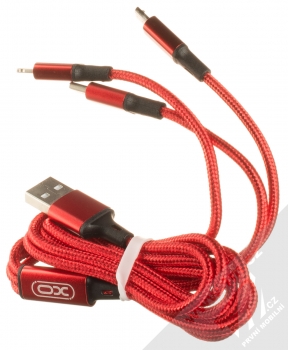 XO NB173 3in1 opletený USB kabel délky 120cm s konektory Apple Lightning, USB Type-C a microUSB červená (red) komplet