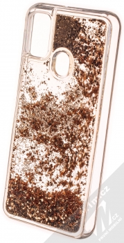 1Mcz Liquid Hexagon Sparkle ochranný kryt s přesýpacím efektem třpytek pro Samsung Galaxy M21 zlatá (gold) zezadu