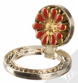 1Mcz Ring Brož kvítko držák na prst stříbrná červená (silver red) držák
