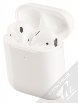 Apple AirPods (2019) headset stereo sluchátka s pouzdrem podporující bezdrátové nabíjení bílá (white) nabíjecí pouzdro se sluchátky