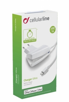 CellularLine Charger Ultra 2A nabíječka do sítě s Lightning konektorem pro Apple iPhone, iPad, iPod (licence MFi) bílá (white) krabička