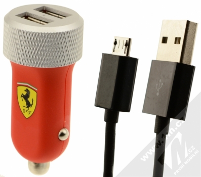 Ferrari Slim Car Charger nabíječka do auta s 2x USB výstupem, proudem 2.1A a USB kabelem s microUSB konektorem pro mobilní telefon, mobil, smartphone - červená (red)