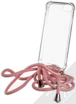 Forcell Strap Silver Anti-Shock odolný ochranný kryt se šňůrkou na krk pro Apple iPhone 7, iPhone 8, iPhone SE (2020) průhledná růžová (transparent pink) zepředu