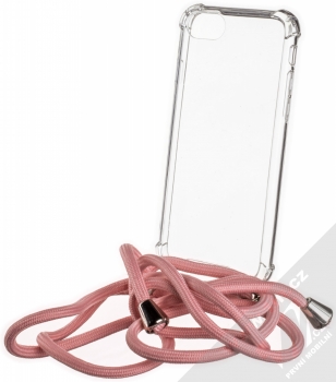 Forcell Strap Silver Anti-Shock odolný ochranný kryt se šňůrkou na krk pro Apple iPhone 7, iPhone 8, iPhone SE (2020) průhledná růžová (transparent pink)