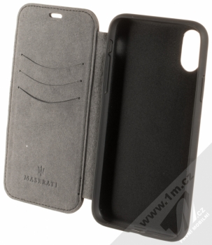 Maserati Granlusso Origins flipové pouzdro z pravé kůže pro Apple iPhone X (MAGROFLBKPXBK) černá (black) otevřené