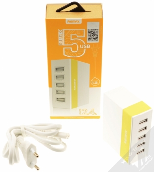 Remax Ming 5U nabíječka do sítě s 5x USB výstupem pro mobilní telefon, mobil, smartphone, tablet bílo žlutá (yellow) balení