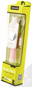 USAMS Selfie Stick with Mini Mirror selfie tyčka se zrcadlem a tlačítkem spouště přes Apple Lightning konektor růžová (pink) krabička