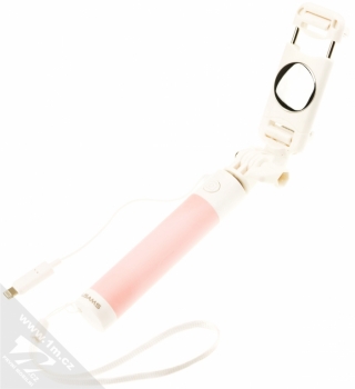 USAMS Selfie Stick with Mini Mirror selfie tyčka se zrcadlem a tlačítkem spouště přes Apple Lightning konektor růžová (pink) rozpětí držáku