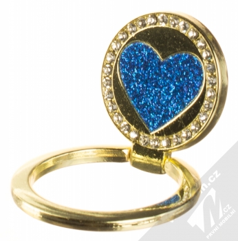 1Mcz Ring Třpytivé srdce držák na prst zlatá modrá (gold blue) držák