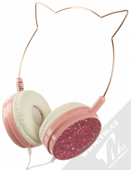 1Mcz YJ-22 Cat Ear stereo sluchátka s konektorem Jack 3,5mm a oušky celo růžová (all pink) zezadu