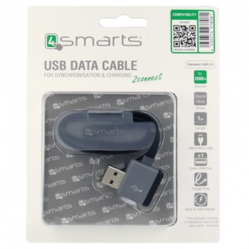 4smarts StackWire plochý USB kabel s microUSB konektorem a druhým USB portem pro mobilní telefon, mobil, smartphone černá (black) - balení zepředu