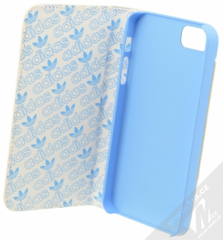 Adidas Booklet Case flipové pouzdro pro Apple iPhone 5, iPhone 5S, iPhone SE (B36850) bílo modrá (white blue gold) otevřené