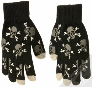 Aligator Touch Gloves Skull pletené rukavice s motivem pro kapacitní dotykový displej černá (black) zepředu (hřbet ruky)