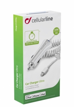 CellularLine Car Charger Ultra 2A nabíječka do auta s Lightning konektorem pro Apple iPhone, iPad, iPod (licence MFi) bílá (white) krabička