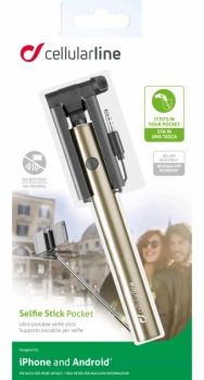 CellularLine Selfie Stick Pocket teleskopická tyč, držák do ruky s tlačítkem spouště přes audio konektor Jack 3,5mm zlatá (gold)