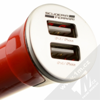 Ferrari Dual USB Car Charger nabíječka do auta s 2x USB výstupem, proudem 2.1A a plochým USB kabelem 2v1 s microUSB konektorem a Apple Lightning konektorem pro mobilní telefon, mobil, smartphone - červená (red)