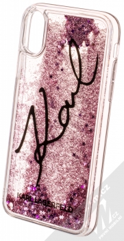 Karl Lagerfeld Signature Karl Liquid Glitter Hard Case ochranný kryt s přesýpacím efektem třpytek pro Apple iPhone X, iPhone XS (KLHCPXTRKSIGPI) černá růžově zlatá (black rose gold) animace 3
