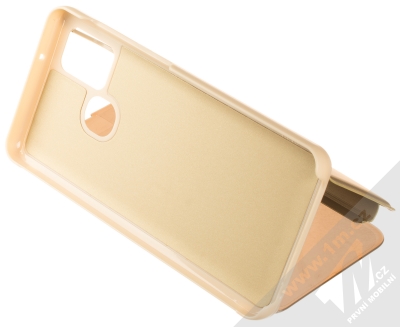 1Mcz Clear View flipové pouzdro pro Samsung Galaxy A21s zlatá (gold) stojánek