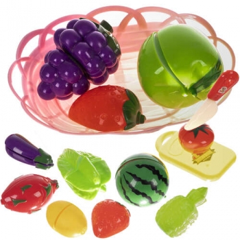 1Mcz Plastové ovoce a zelenina ke krájení v plastovém košíku s prkénkem a nožem vícebarevné (multicolored)