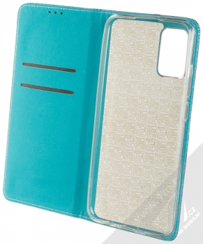 1Mcz Shining Book třpytivé flipové pouzdro pro Samsung Galaxy A02s modrá (blue) otevřené