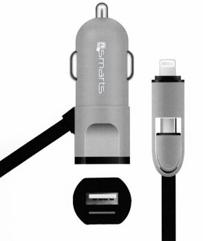 4smarts MultiCord nabíječka do auta s microUSB konektorem, Apple Lightning konektorem a USB výstupem 2,4A pro mobilní telefon, mobil, smartphone, tabl černá (black)