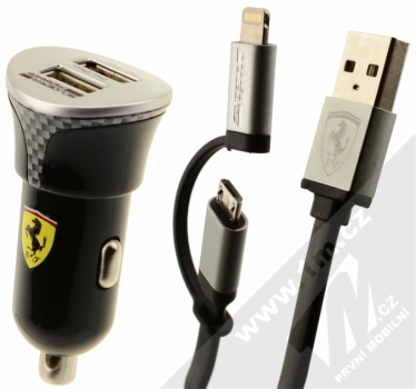 Ferrari Dual USB Car Charger nabíječka do auta s 2x USB výstupem, proudem 2.1A a plochým USB kabelem 2v1 s microUSB konektorem a Apple Lightning konektorem pro mobilní telefon, mobil, smartphone - černá (black)
