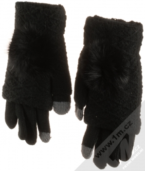 URan Multiway 2in1 Women Touch Gloves dámské pletené rukavice s bambulkou pro kapacitní dotykový displej černá (black) hřbety rukou