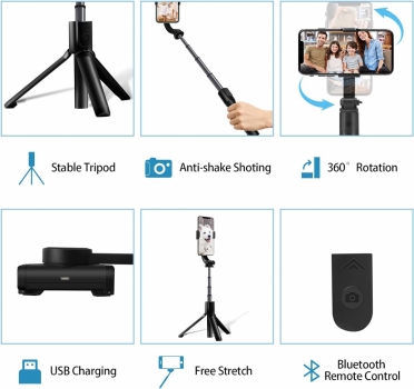 1Mcz PH55 Smart Gimbal Selfie Stick selfie tyčka a stativ se stabilizátorem a bezdrátovým tlačítkem spouště přes Bluetooth černá (black) vlastnosti