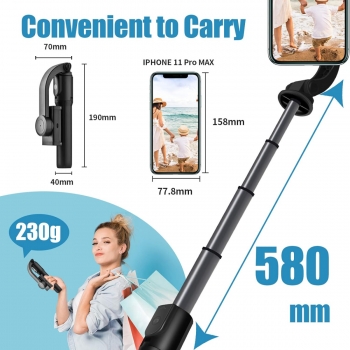 1Mcz PH55 Smart Gimbal Selfie Stick selfie tyčka a stativ se stabilizátorem a bezdrátovým tlačítkem spouště přes Bluetooth černá (black) rozměry