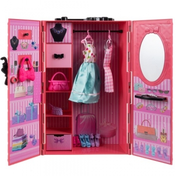 1Mcz 1907A šatní skříň s oblečením a doplňky pro panenky růžová (pink)